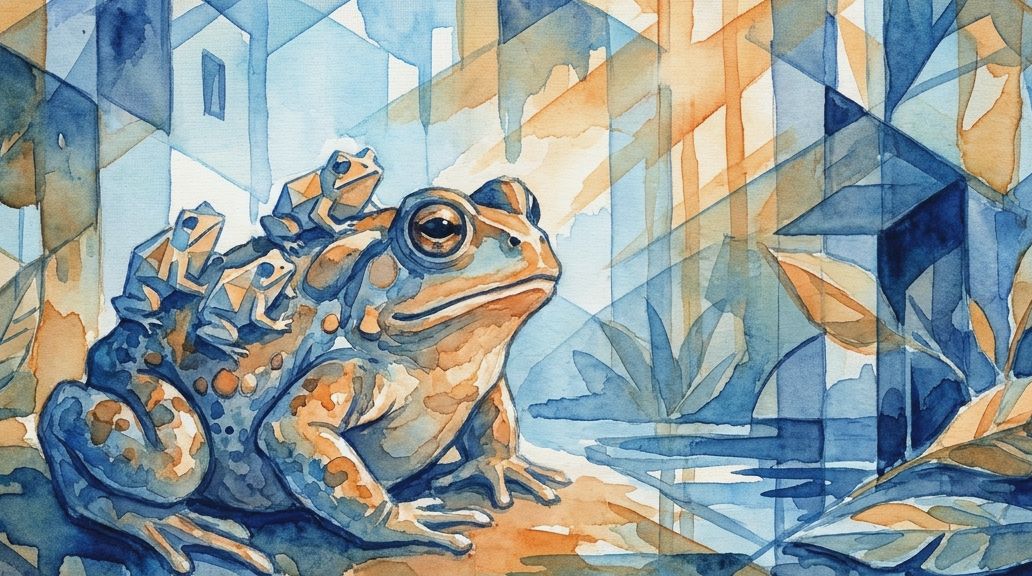 A watercolor illustration in blues and oranges shows a Surinam toad with offspring on its back.