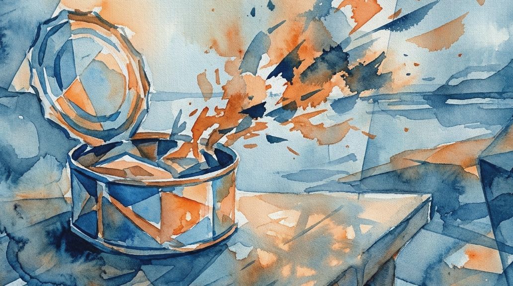 A watercolor in deep blues and burnt oranges depicts an open tin can with an explosive aroma.