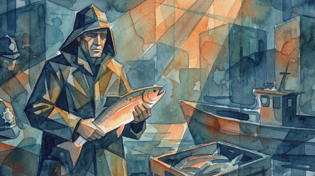 A watercolor shows law officers watching a man hold a suspicious salmon in blue and orange tones.