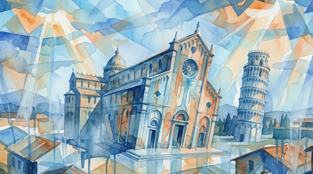 A stylized watercolor painting in blue and orange hues shows a leaning church tower and building.