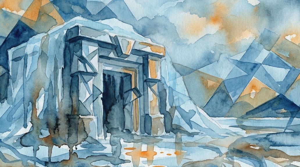 A watercolor painting of the Svalbard Seed Vault entrance covered in ice in blues and warm oranges.