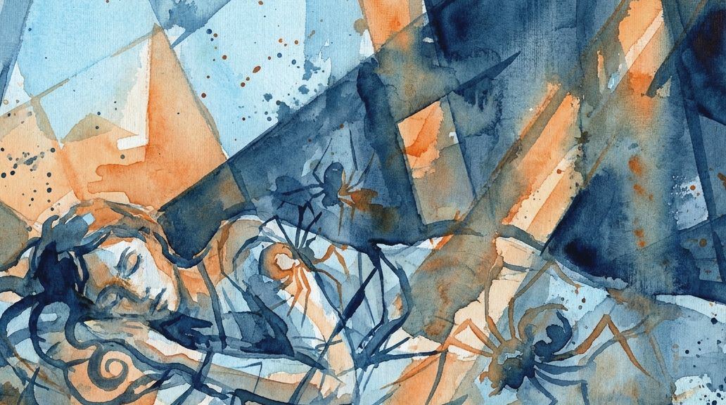 A watercolor in blues and oranges shows a sleeping person with spiders near their mouth.