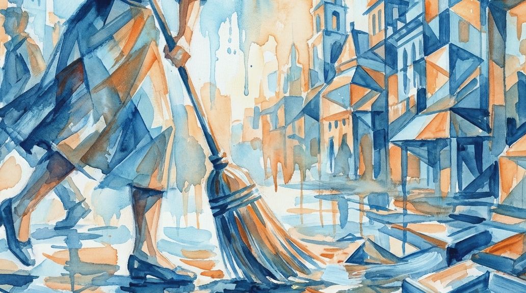 A watercolor painting in blues and oranges shows a figure sweeping a broom near feet on a wet.