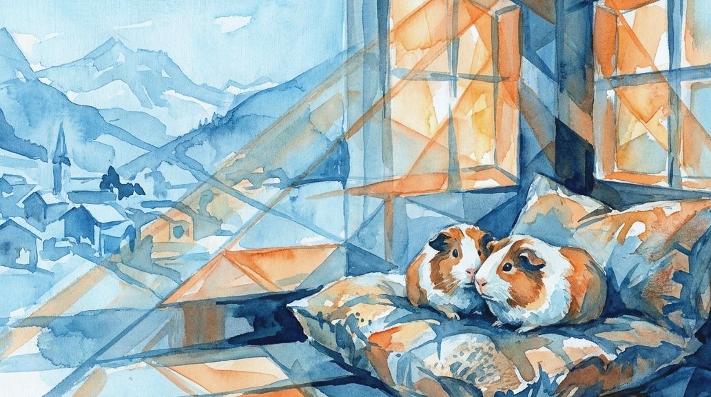 A watercolor in blues and oranges of two guinea pigs, illustrative of the Swiss guinea pig law.