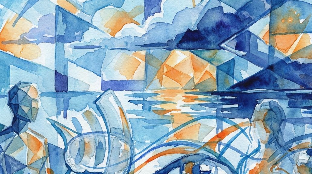 Blue and orange watercolor fragments and eyes visualize the concept of switch-reference.