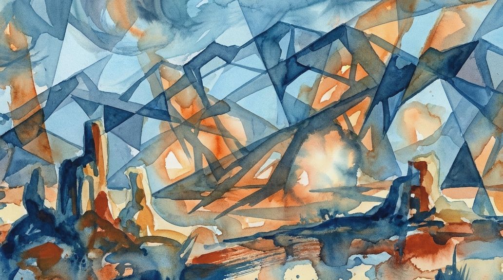 A watercolor painting of overlapping blue and orange shapes forming an industrial desert landscape.