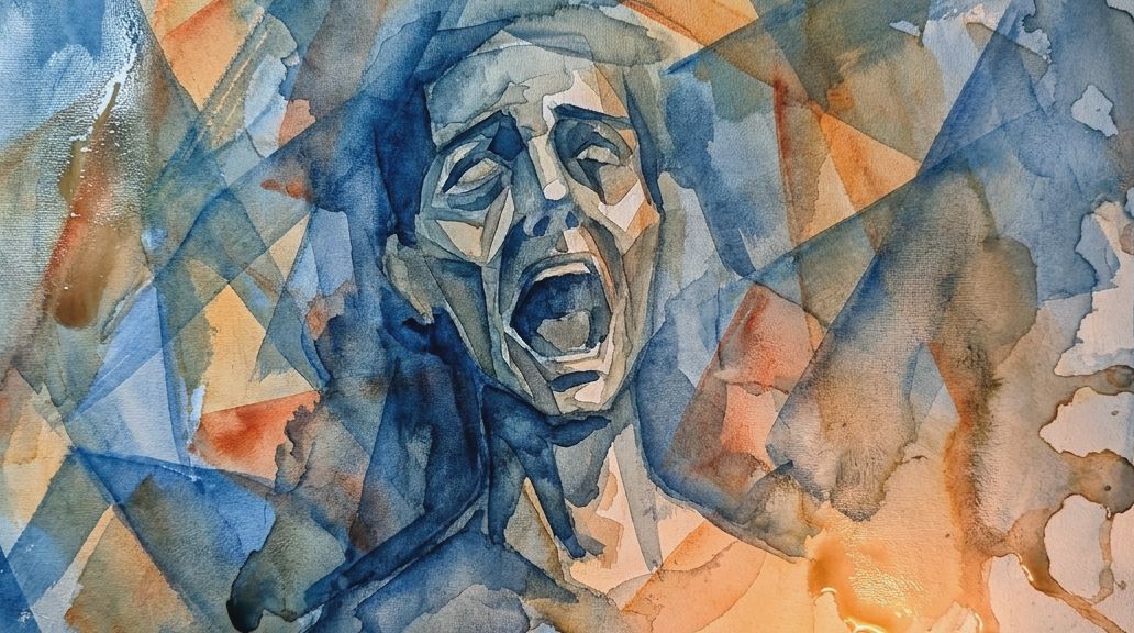A watercolor illustration in blues and oranges depicting a fragmented face screaming from hunger.