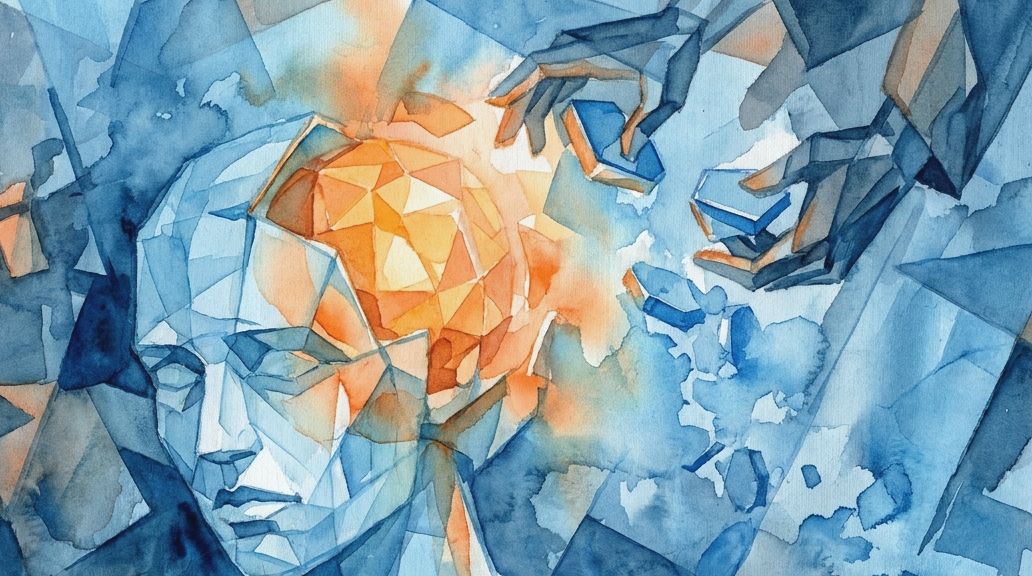 Watercolor painting of hands adding pieces to a brain, visually representing the ten percent myth.