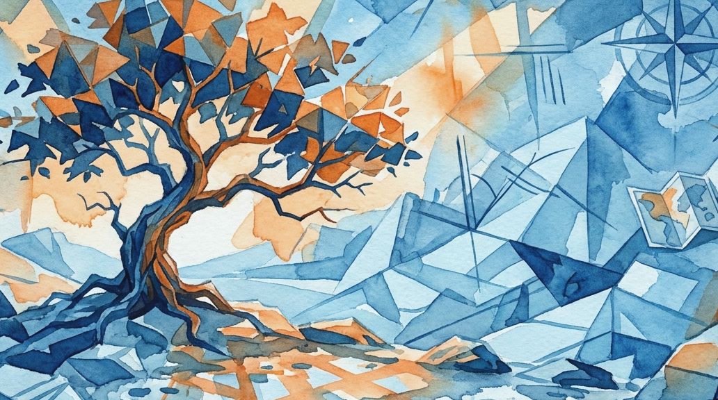 A watercolor illustration of a solitary gnarled tree in warm orange and cool blue angular terrain.