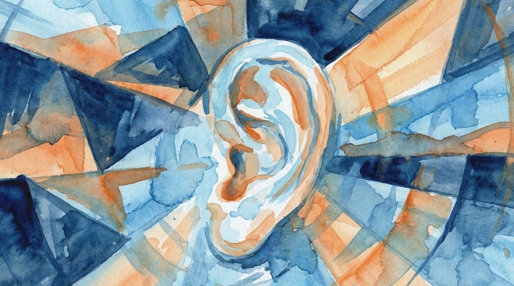 A watercolor painting depicts a human ear amidst radiating blue and orange abstract sound waves.