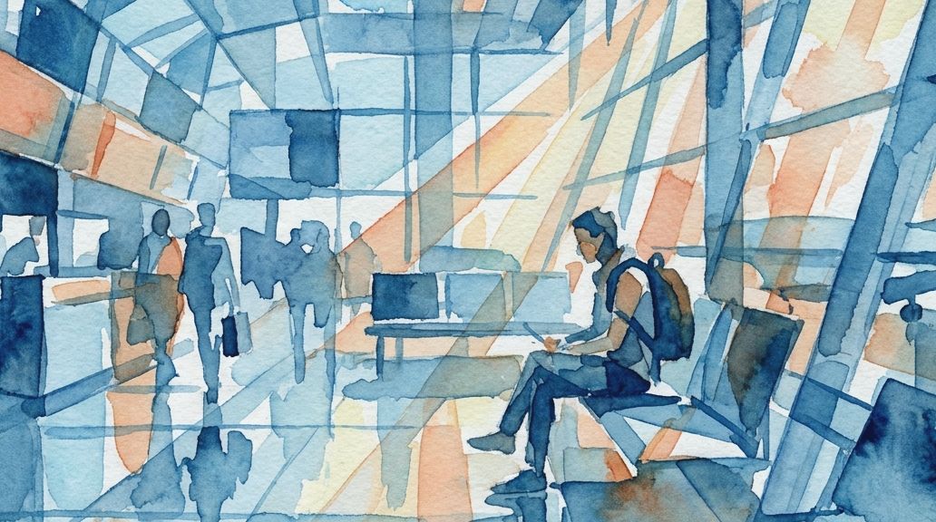 A loose watercolor in blues and oranges shows a person waiting inside a terminal building.