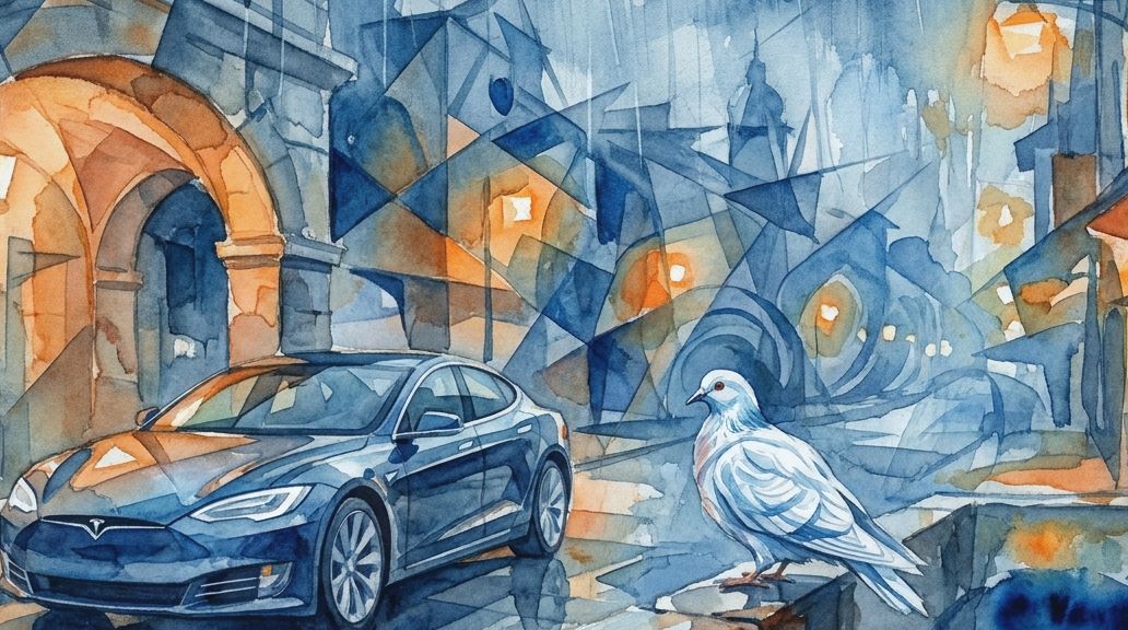 A blue watercolor sedan and a white pigeon share a rainy street scene bathed in warm orange light.