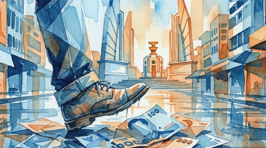 A fractured watercolor in blues and oranges shows a boot stepping on Thai currency near a monument.