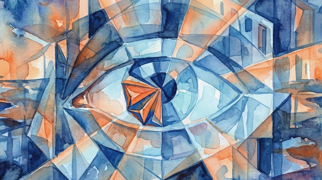 A watercolor painting of an eye with abstract, faceted details rendered in deep blues and oranges.