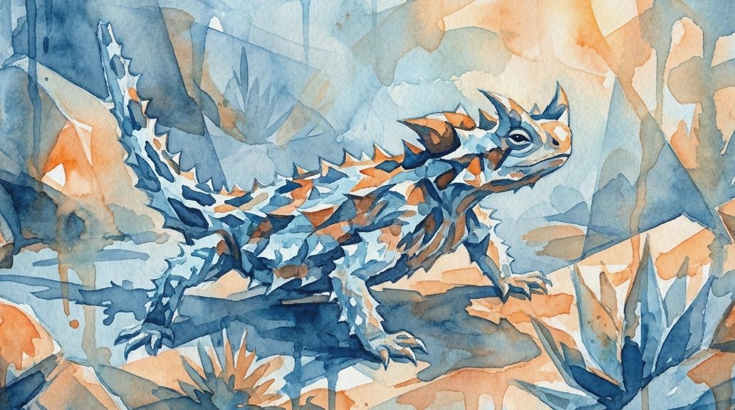 A watercolor painting of a thorny devil lizard rendered in deep blue and rust orange tones with.