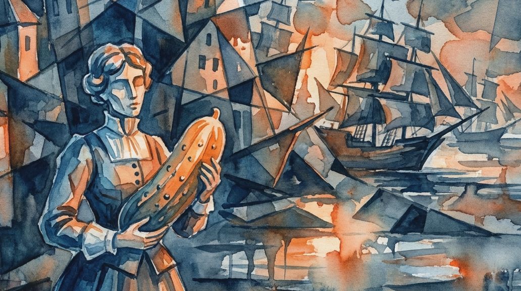 A watercolor painting in blues and oranges shows a figure with a large pickle in a busy port.