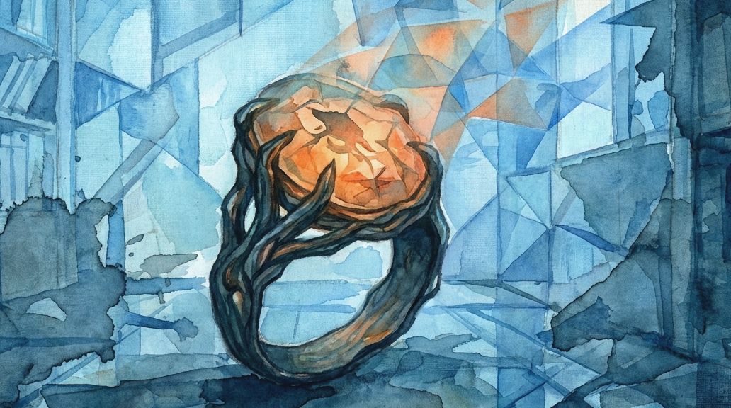 A watercolor painting of a toadstone ring with a glowing orange gem on a fractured blue background.