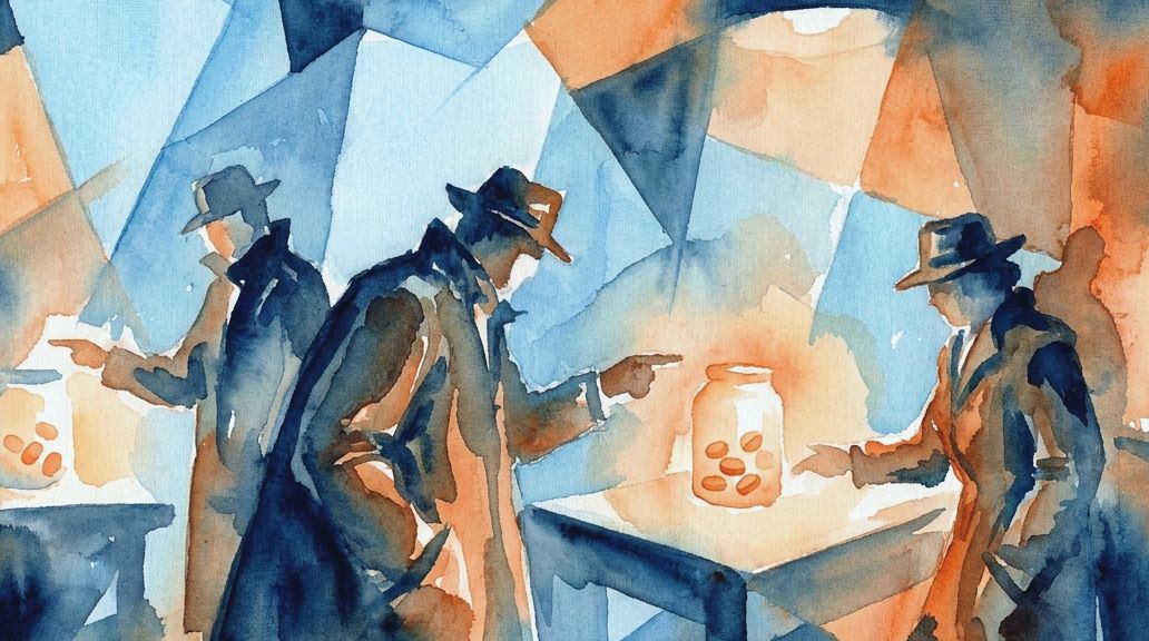 A blue and orange watercolor shows men in trench coats inspecting jars of medicinal tomatoes.
