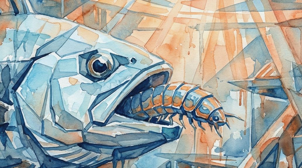 A blue and orange watercolor painting shows a fish with a tongue-eating isopod inside its mouth.