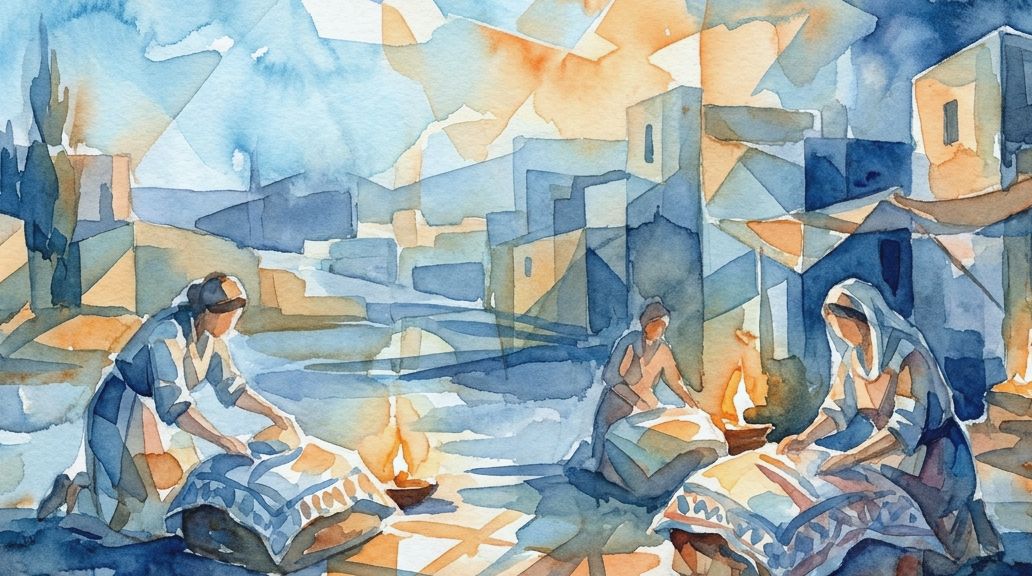 A watercolor painting in blues and oranges shows figures cleaning textiles, linked to Toraja Manene.