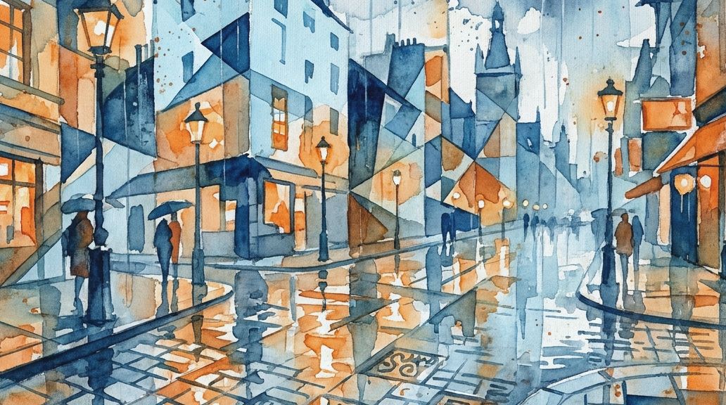 A rainy city watercolor in blue and orange hues shows Toynbee Tiles on wet cobblestones.