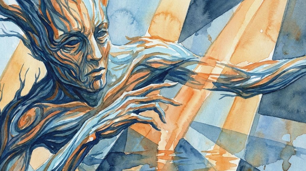 A watercolor painting of a man whose body is made of twisting tree branches and roots in blue and.