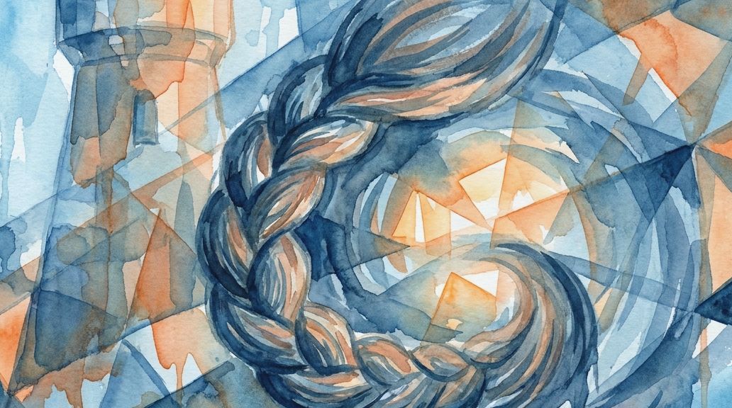 A watercolor painting in blues and oranges depicts a large coiled hair braid and a castle tower.