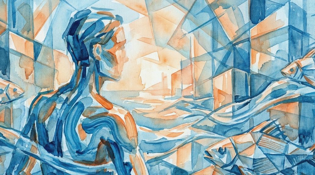 A watercolor in blues and oranges shows a figure surrounded by fish, implying trimethylaminuria.