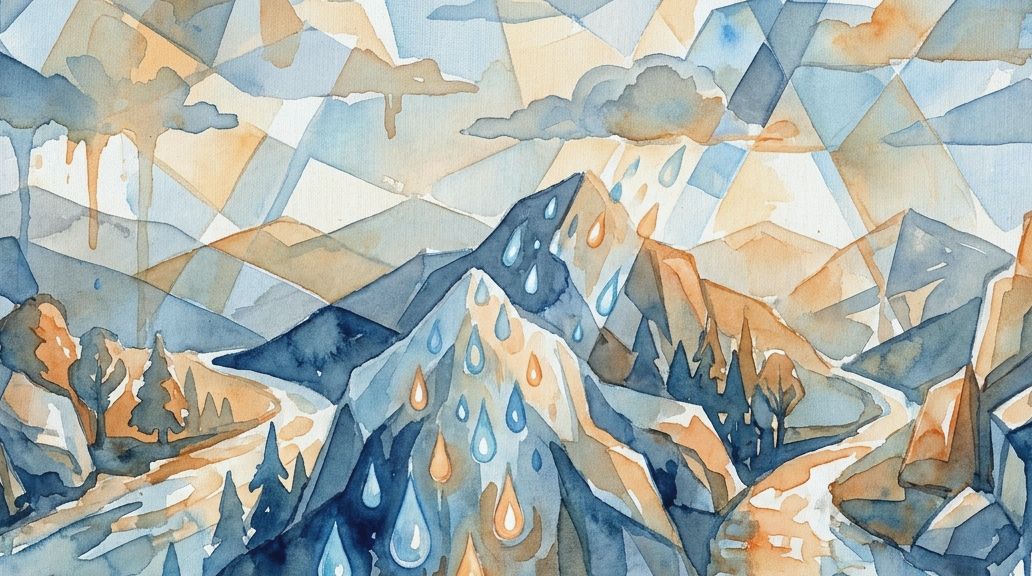 A geometric watercolor landscape in blues and oranges shows Triple Divide Peak with falling rain.