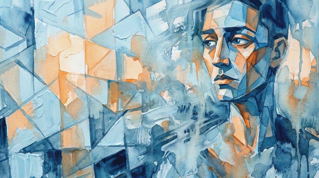 A watercolor painting of a man's fragmented face and an abstract city in fading blues and oranges.