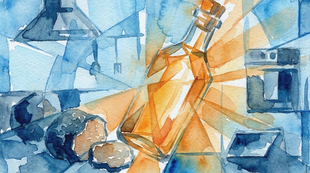 An abstract watercolor painting shows an orange bottle of truffle oil and truffles in a blue.
