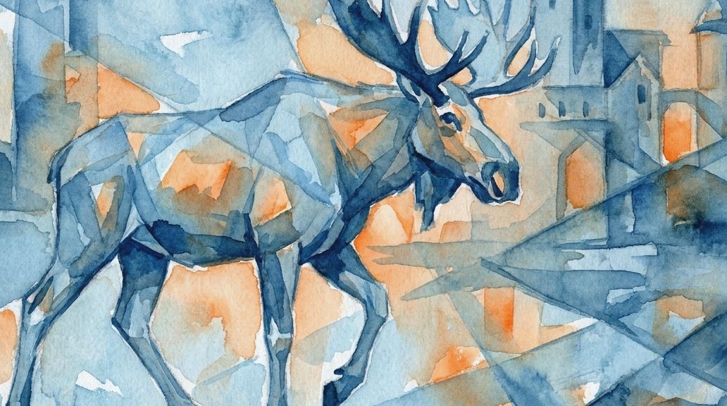A watercolor artwork renders a walking moose in fragmented blue and warm orange hues before a.