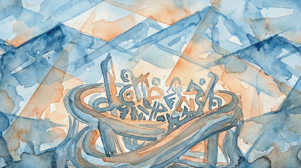 An abstract watercolor depicts swirling Ubykh consonant forms against blue and orange mountain.