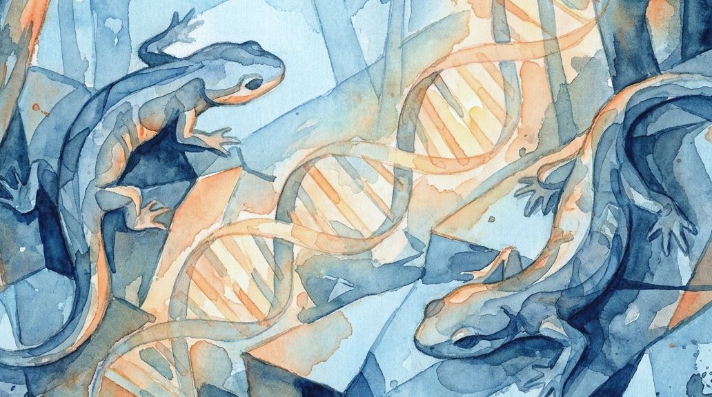 Two salamanders and a connecting DNA helix are rendered in faceted blue and orange watercolor.