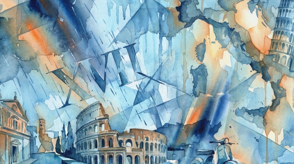 Watercolor in blues and oranges shows Italian landmarks, a scooter, and the Roman numeral seventeen.