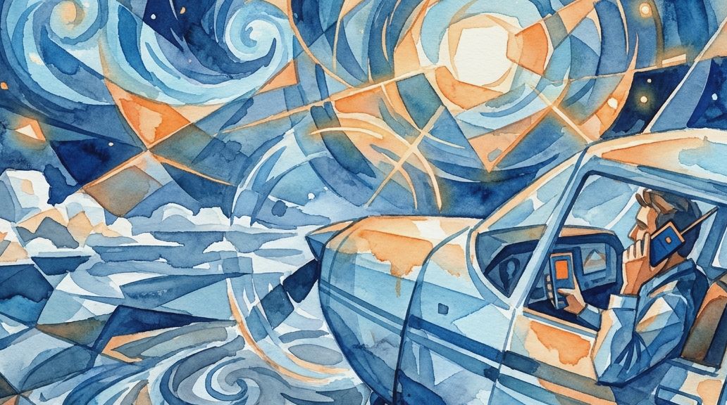 A pilot in a plane radios about strange orange lights in this segmented blue and orange watercolor.