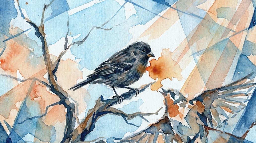 A watercolor painting shows vampire finches on branches against angular blue and orange washes.