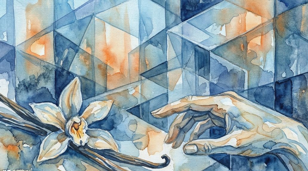 A watercolor painting in blues and warm oranges shows a hand pollinating a vanilla flower and beans.
