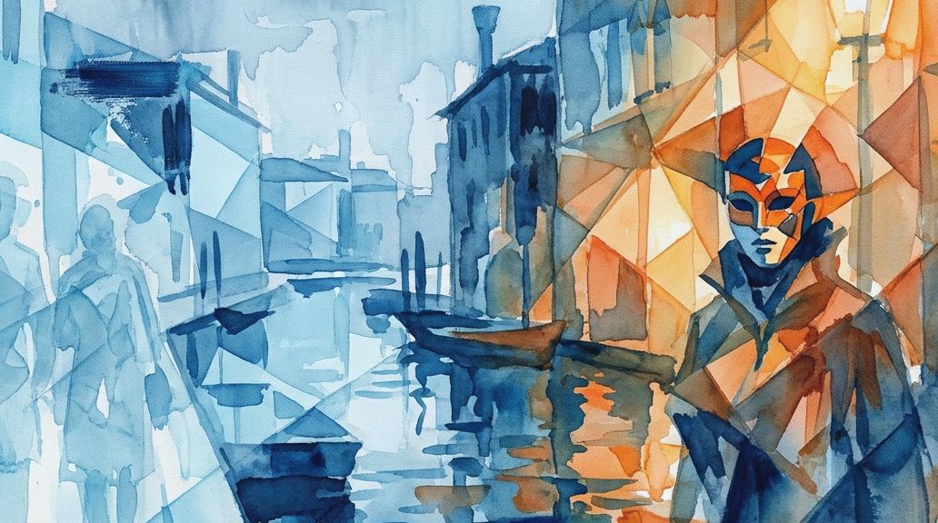 A watercolor painting depicts a lone masked figure in orange tones beside a blue Venice canal.