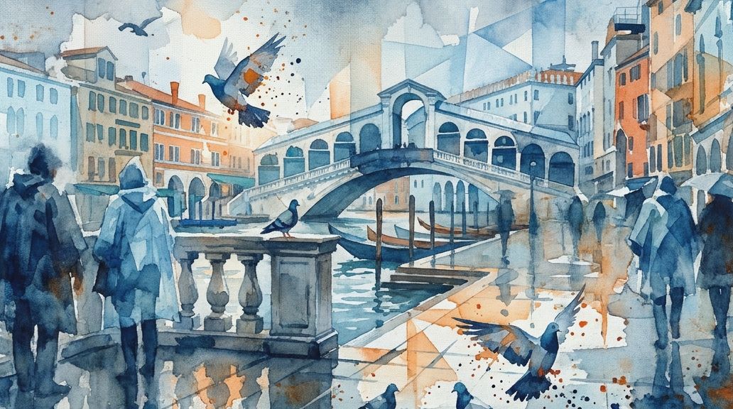 A watercolor painting shows pigeons on a wet Venice walkway near the Rialto Bridge in blues and.