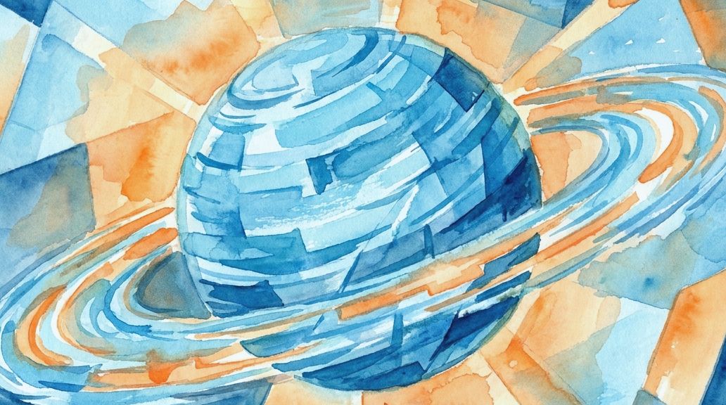 Swirling blue and orange watercolor bands illustrate the atmospheric superrotation of Venus.