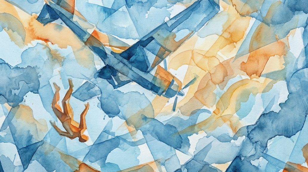 A watercolor in blues and oranges shows a plane above a person falling through fragmented clouds.