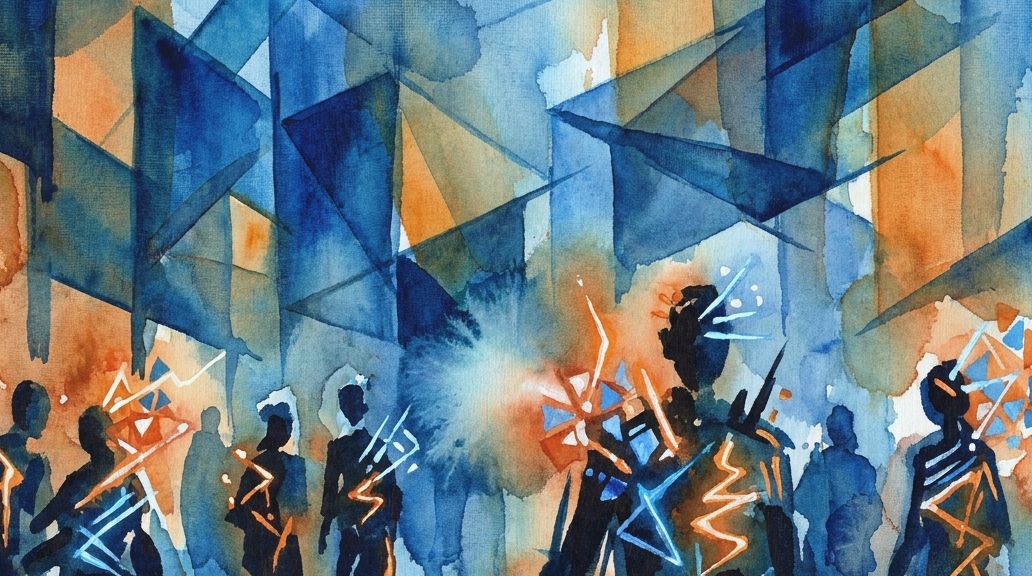 A watercolor painting shows dark figures with electrical glow in a blue and orange abstract city.