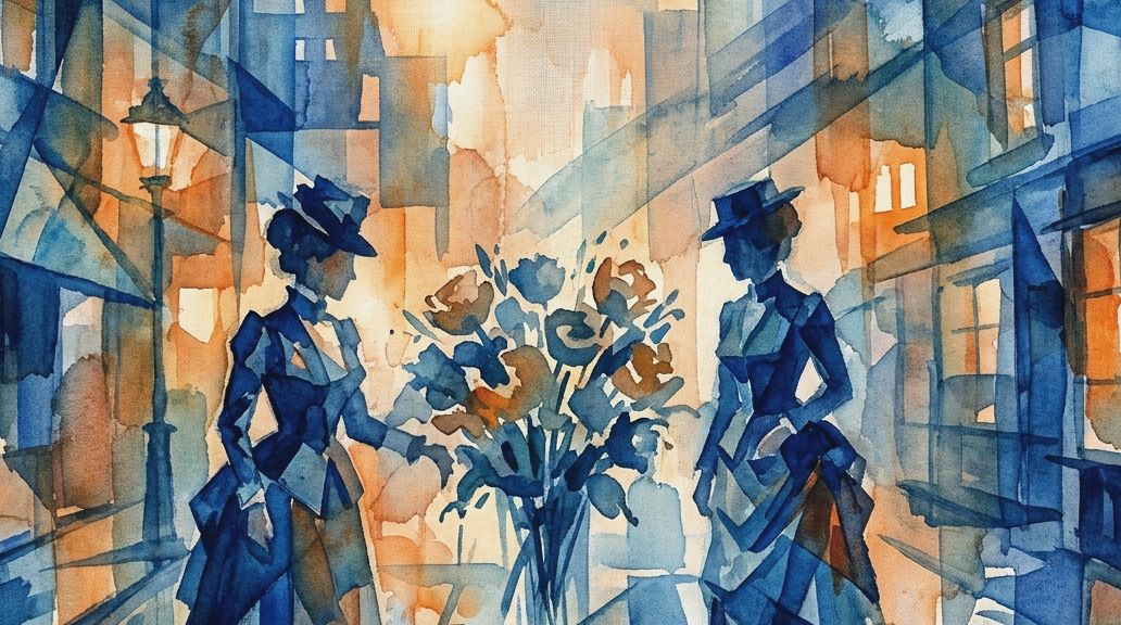 Two Victorian figures with flowers in a blue and orange watercolor street scene.