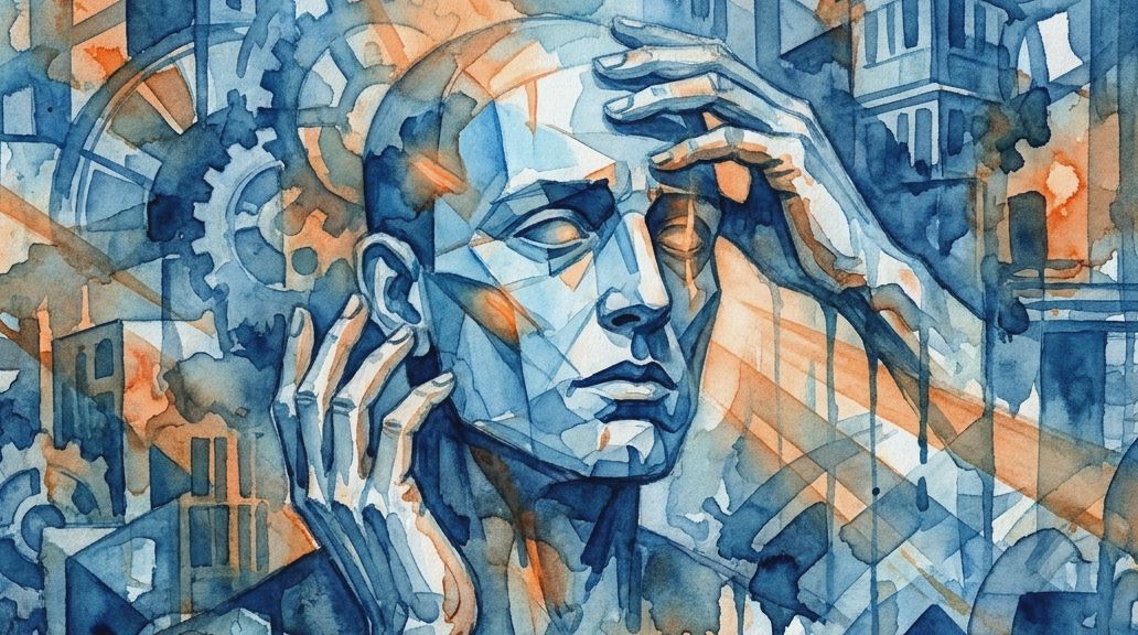 A blue and orange watercolor shows a segmented head surrounded by Victorian gears and architecture.