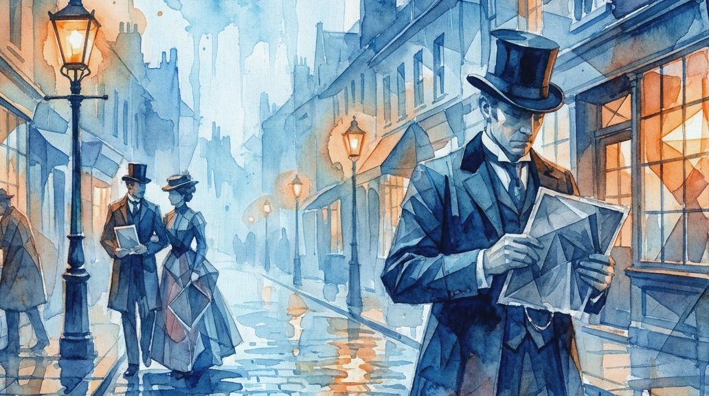 A blue watercolor illustration of a Victorian street, setting the context for postmortem photos.