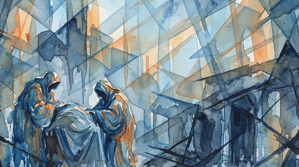 Deep blue and orange watercolor of two hooded figures evokes the Victorian resurrectionists.