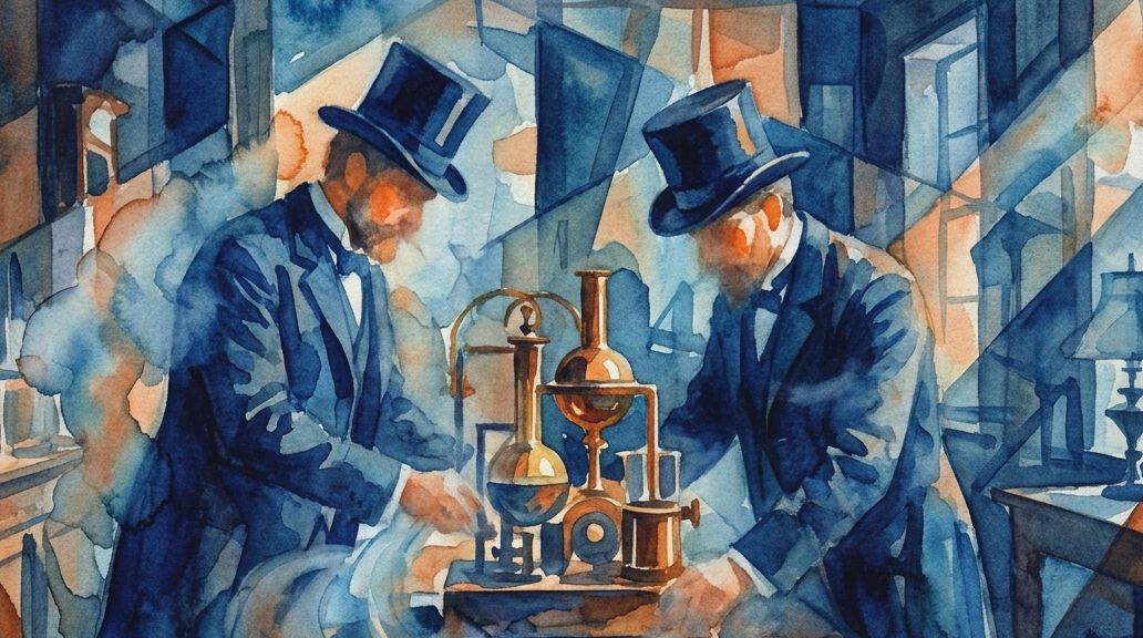 A watercolor painting shows two Victorian men operating an early therapeutic mechanical device.
