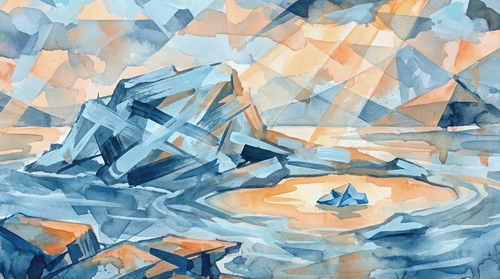 An angular watercolor painting in blues and rust tones shows a rocky island formation in water.
