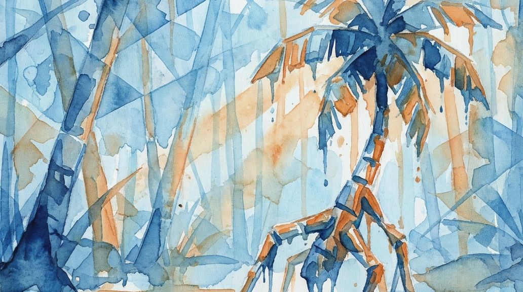 A blue and orange watercolor painting shows a walking palm tree with stilt roots.